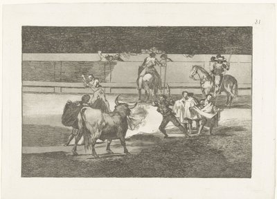 Bullfighter tapasi brandende banderillas tuliliput Härkätaistelut (sarjan nimi) Stierenvechten (sarjan nimi) tekijältä Francisco de Goya