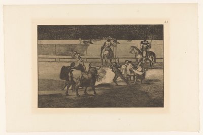 Bullfighter tapasi brandende banderillas tulinauhat Stierengevecht (sarjan nimi) La Taureamachie (sarjan nimi) Härkätaistelut (sarjan nimi) tekijältä Francisco de Goya