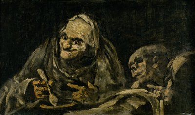 Kaksi vanhaa miestä syömässä keittoa Witchy Brew tekijältä Francisco de Goya