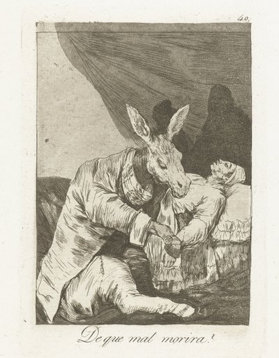 Mihin hän kuolee? que mal morira? (otsikko esineessä) Los Caprichos (sarjan nimi) tekijältä Francisco de Goya