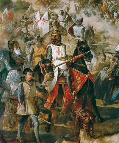 Espanjan valloitus: Las Navas de Tolosan taistelu 16.7.1212 kristillisen armeijan ja maurien armeijan välillä. Yksityiskohta kuningas Alfonso VIII:sta. Francisco de Paula Van Halenin (1810-1887) maalaus. 1864. Madrid. Senaatin palatsi. tekijältä Francisco de Paula van Halen