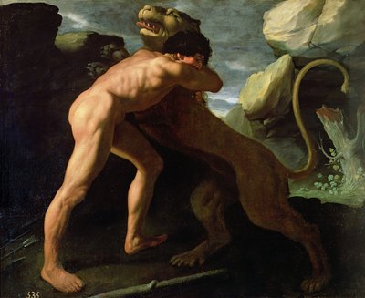Hercules taistelee Nemean-leijonan kanssa tekijältä Francisco de Zurbaran