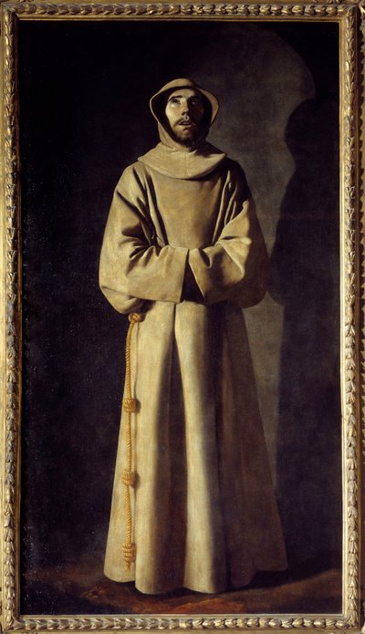 Pyhän Francois Assisilaisen muotokuva: Pyhää esitetään ekstaasissa, hänellä on päällään sukka, jonka vyönä on solmuinen köysi. Francisco de Zurbaranin maalaus (1598-1664) tekijältä Francisco de Zurbaran