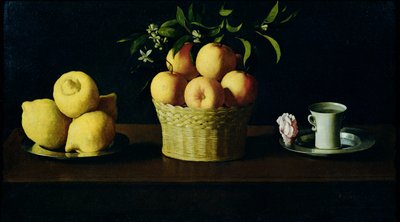 Asetelma sitruunoiden, appelsiinien ja ruusun kanssa tekijältä Francisco de Zurbaran