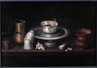 Asetelma suklaa-aamiainen suklaakuppia, kuppeja. Francisco de Zurbaranin (1598-1664) maalaus. 1600-luvun Besancon, Kuvataidemuseo tekijältä Francisco de Zurbaran