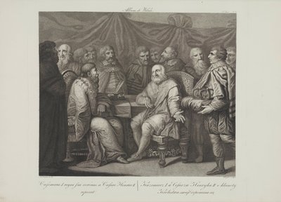 Smuglewicz, Franciszek (1745-1807) Casimir I, Restaurator tapaamassa keisari Henrik III:n. Litografia, 1700-luvun loppu. Yksityinen kokoelma tekijältä Franciszek Smuglewicz