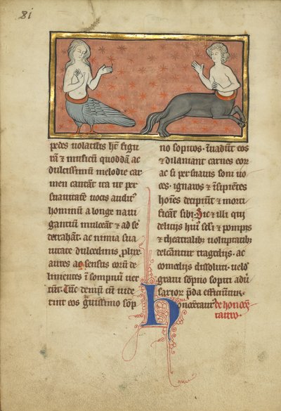 Sireeni ja kentauri bestiaarista Ms Ludwig XV 4, fol. 81v, n. 1280-1300 (tempera, kynä ja muste, lehtikulta ja maali pergamentille) tekijältä Franco Flemish School