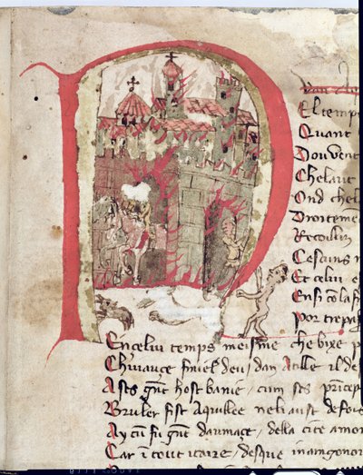 Ms Est 27 L 8.17 f.1r Historioitu alkukirjain, jossa Attila Hun (n. 406-453) polttaa Aquilan kaupunkia Attilan sodasta, Nicola da Casola tekijältä Franco Italian School