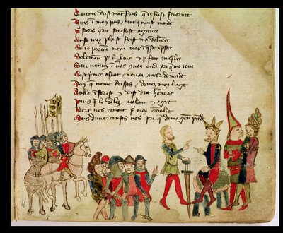 Ms Est 27 L 8.17 f.4r Attila Hun (n. 406-453) keskustelussa yhden soturinsa kanssa Nicola da Casolan elokuvasta Attilan sota tekijältä Franco Italian School