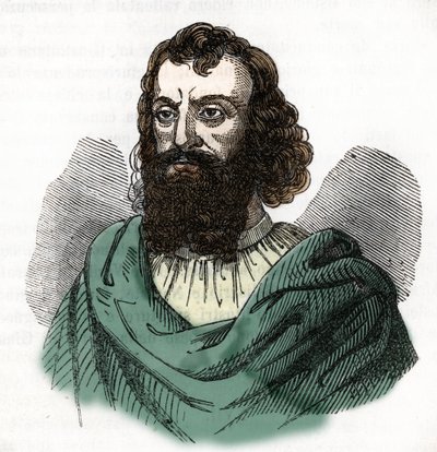 Keisari Justinianus I:n (482-565) muotokuva (Justinianus I) piirros Franco Mistralin teoksesta "I misteri del vaticano" 1843 tekijältä Franco Mistrali