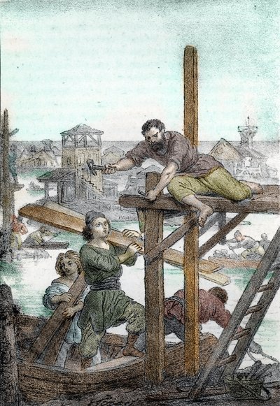 Attilan hunien metsästämät pakolaiset asentavat Venetsian kaupungin perustukset 5. vuosisadalle (Attilan barbaarien metsästämien pakolaisten Venetsian perustaminen, 5. vuosisata) Piirros Franco Mistralin "I misteri del vaticanosta" 1846 tekijältä Franco Mistrali