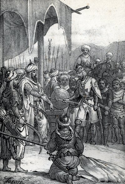 Seitsemäs ristiretki: Kuningas Ludvig IX vangittiin Fariskurin taistelussa 6. huhtikuuta 1250 (Seitsemäs ristiretki: Kuningas Ludvig IX vangittiin Fariskurin taistelussa, 6. huhtikuuta 1250) Piirros Franco Mistralin "Misteri del Vaticanosta" tekijältä Franco Mistrali