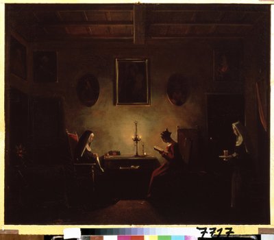 ""Sisustus"" Kohtaus luostarissa, nuori tyttö lukee kynttilänvalossa, kaksi nunnaa huoneessa. François Marius Granetin (1775-1849) maalaus 1800-luvun Pushkin-museo, Moskova tekijältä Francois Marius Granet