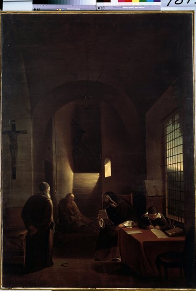 ""Italialainen tähtitieteilijä Galileo Galilei (Galilea) (1564-1642) sellissään Firenzessä inkvisition aikana"" François Marius Granetin (1775-1849) maalaus 1800-luvun Eremitaaši-museo, Pietari tekijältä Francois Marius Granet