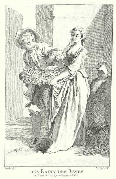 Retiisi- ja naurismyyjä (kaiverrus) tekijältä Francois (after) Boucher