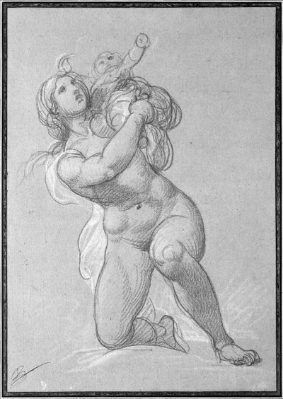Polvistuva alaston nainen pitelee lasta, n. 1781 (punainen värikynä ja valkoinen liitu paperilla) tekijältä François André Vincent