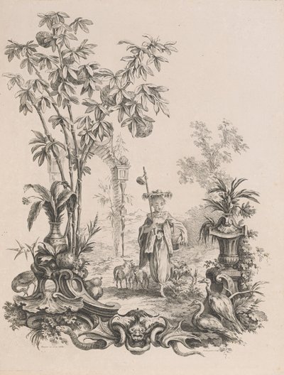 Nuori kiinalainen tyttö kävelee, lampaidensa ympäröimänä, n. 1740-50. tekijältä Francois Antoine Aveline