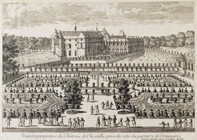 Näkymä Chateau de Chantillylle Orangeriesta, 1700-luvun puoliväli tekijältä Francois Antoine Aveline
