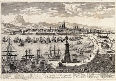 Näkymä kaupunkiin ja Barcelonan satamaan 1700-luvulla. Kaiverrus Francois Antoine Aveline Barcelona, Museu d