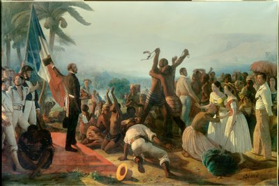 Julistus orjuuden lakkauttamisesta Ranskan siirtomaissa 23. huhtikuuta tekijältä François Auguste Biard