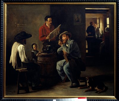 Kabareen sisustus Kaksi tavernassa istuvaa miestä kuuntelee sanomalehteä. François Bonvinin (1817-1887) maalaus 1859 Arras, Musee des Beaux Arts. tekijältä François Bonvin