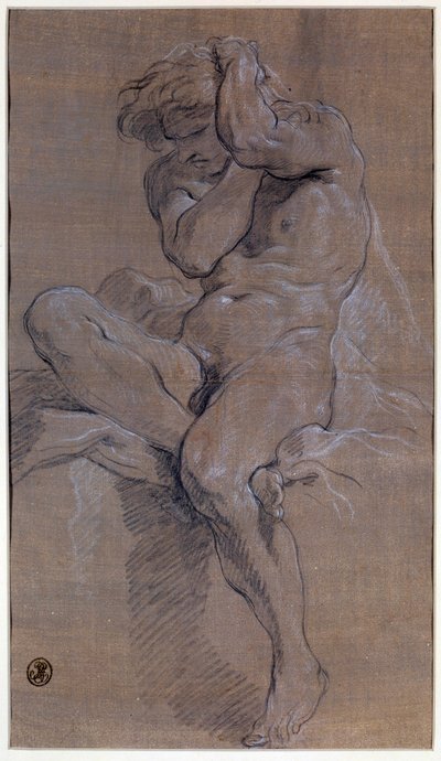 Istuvan alaston miehen akatemia, Francois Boucherin (1703-1770) piirros punaisella verellä 1700-luvun Pariisi, Louvre-museo tekijältä François Boucher
