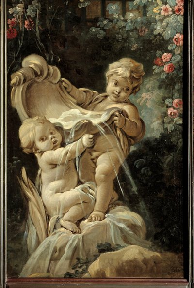 Olohuoneen ovipaneeli Demarteau: suihkulähde kahdella rakkaudella, joista toinen polvistuu. Francois Boucherin maalaus (1703-1770) tekijältä François Boucher