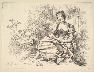 Tyttö maisemassa kukkakorin kanssa tekijältä François Boucher