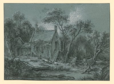 Talo, jonka portaikko sijaitsee puiden välissä; sen edessä on kalastaja tekijältä François Boucher