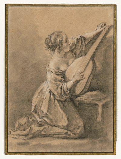 Polvillaan istuva nuori nainen, joka virittää luuttua tekijältä François Boucher