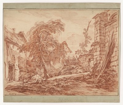 Maaseutumaisema, jossa on maatila ja raunioita tekijältä François Boucher