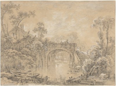 Maisema, jossa on maalaismaisen näköinen silta tekijältä François Boucher
