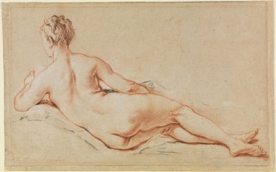 Makaava naisalaston, vasempaan käsivarteen nojautuneena, takanäkymä tekijältä François Boucher