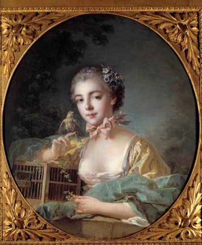 Taiteilijan tyttären Madame Baudoinin muotokuva Tyttö poseeraa kanariansa kanssa. François Boucherin (1703-1770) maalaus 1700-luvun Pariisissa. Musee Cognacq Jay tekijältä François Boucher