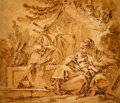 Lepää lennolla Egyptiin (kynä ja ruskea muste vaaleanpunaisella ja ruskealla pesulla paperilla) tekijältä François Boucher