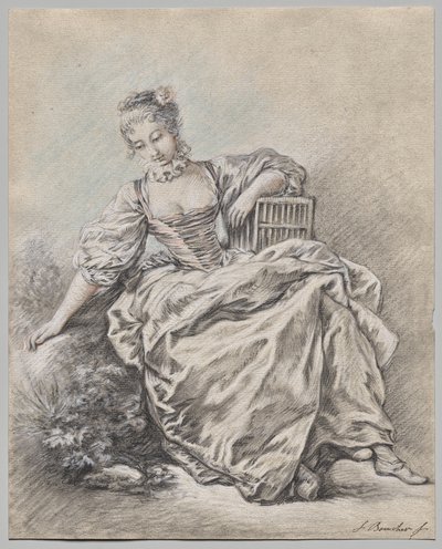 Istuva nainen, joka pitää kädessään lintuhäkkiä tekijältä François Boucher