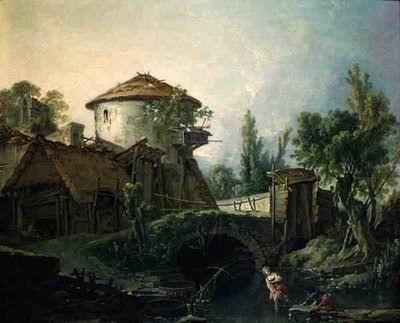 Tuulimylly, n. 1750 (öljy kankaalle) tekijältä François Boucher