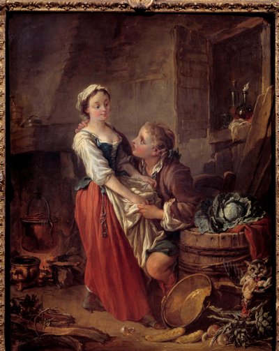 Kaunis kokki Scene galante keittiössä. François Boucherin (1703-1770) maalaus. 1738 Pariisi. Musee Cognacq Jay tekijältä François Boucher