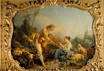 Omahyväinen pastoraalinen pastoraalinen kohtaus. François Boucherin (1703-1770) maalaus 1737 Pariisi, arkistot nationales tekijältä François Boucher