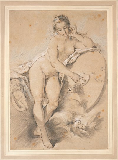 Seisova Venus, joka osoittaa kädellään sydäntä, joka sijaitsee maalitaulussa, jossa on kaksi kyyhkyä tekijältä François Boucher