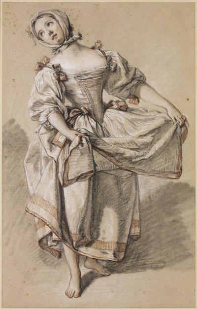 Nuori maalaistyttö tanssii, c. 1765-70 (musta, punainen ja valkoinen liitu ja kanto kiillotetulla paperilla) tekijältä François Boucher