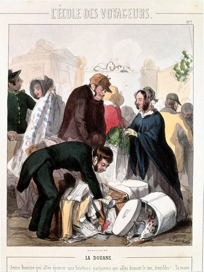 tulli. Nuoren miehen kanssa naimisiin menevän perinnönhaltijan myötäjäisten tullivalvonta. Värikaiverrus Francois Bouchot (1800-1842), noin 1830. Paris, Musee Carnavalet tekijältä Francois Bouchot