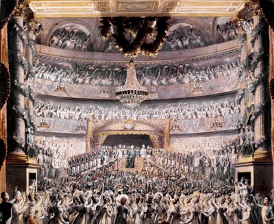 Louis XVIII (1755-1824) osallistuu Odeonin teatteriin Pariisin kansalliskaartin järjestämissä juhlissa vuonna 1819. Piirustus Francois Buffet (1789-1843) Sun. 36x44 cm Versailles, musee du chateau tekijältä Francois Buffet