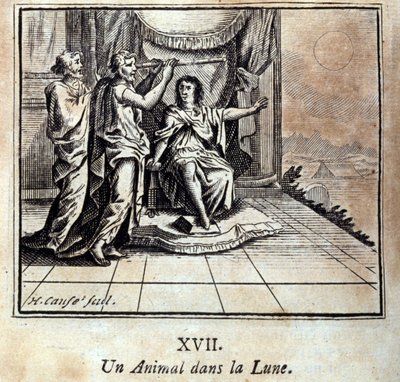 Eläin kuussa. Jean de La Fontainen (1621-95) sadut. Kuvitus: Francois Chauveau (1613-1676). Painos vuodelta 1728. tekijältä Francois Chauveau