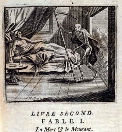 Kuolema ja kuolema. Jean de La Fontainen (1621-95) sadut. Kuvitus: Francois Chauveau (1613-1676). Painos vuodelta 1728. tekijältä Francois Chauveau
