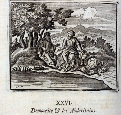 Demokraatti ja Abderitanit. Jean de La Fontainen (1621-95) sadut. Kuvitus: François Chauveau (1613-1676). Painos vuodelta 1728. tekijältä Francois Chauveau