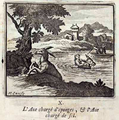 Aasin kuormia sieniä ja aasi kuormia suolaa. Jean de La Fontainen (1621-95) sadut. Kuvitus: François Chauveau (1613-1676). Painos vuodelta 1728. tekijältä Francois Chauveau