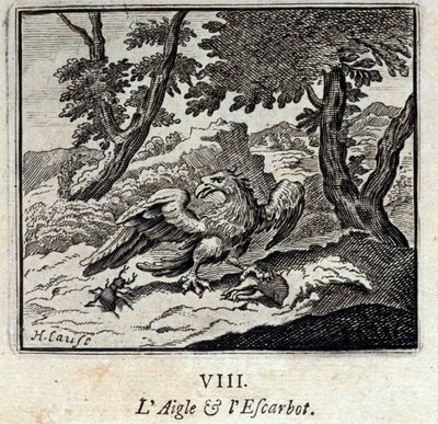 Kotka ja etana. Jean de La Fontainen (1621-95) sadut. Kuvitus: Francois Chauveau (1613-1676). Painos vuodelta 1728. tekijältä Francois Chauveau