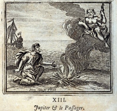 Jupiter ja matkustaja. Jean de La Fontainen (1621-95) sadut. Kuvitus: Francois Chauveau (1613-1676). Painos vuodelta 1728. tekijältä Francois Chauveau