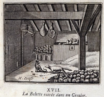 La Weasette astui Grenieriin. Jean de La Fontainen (1621-95) sadut. Kuvitus: François Chauveau (1613-1676). Painos vuodelta 1728. tekijältä Francois Chauveau